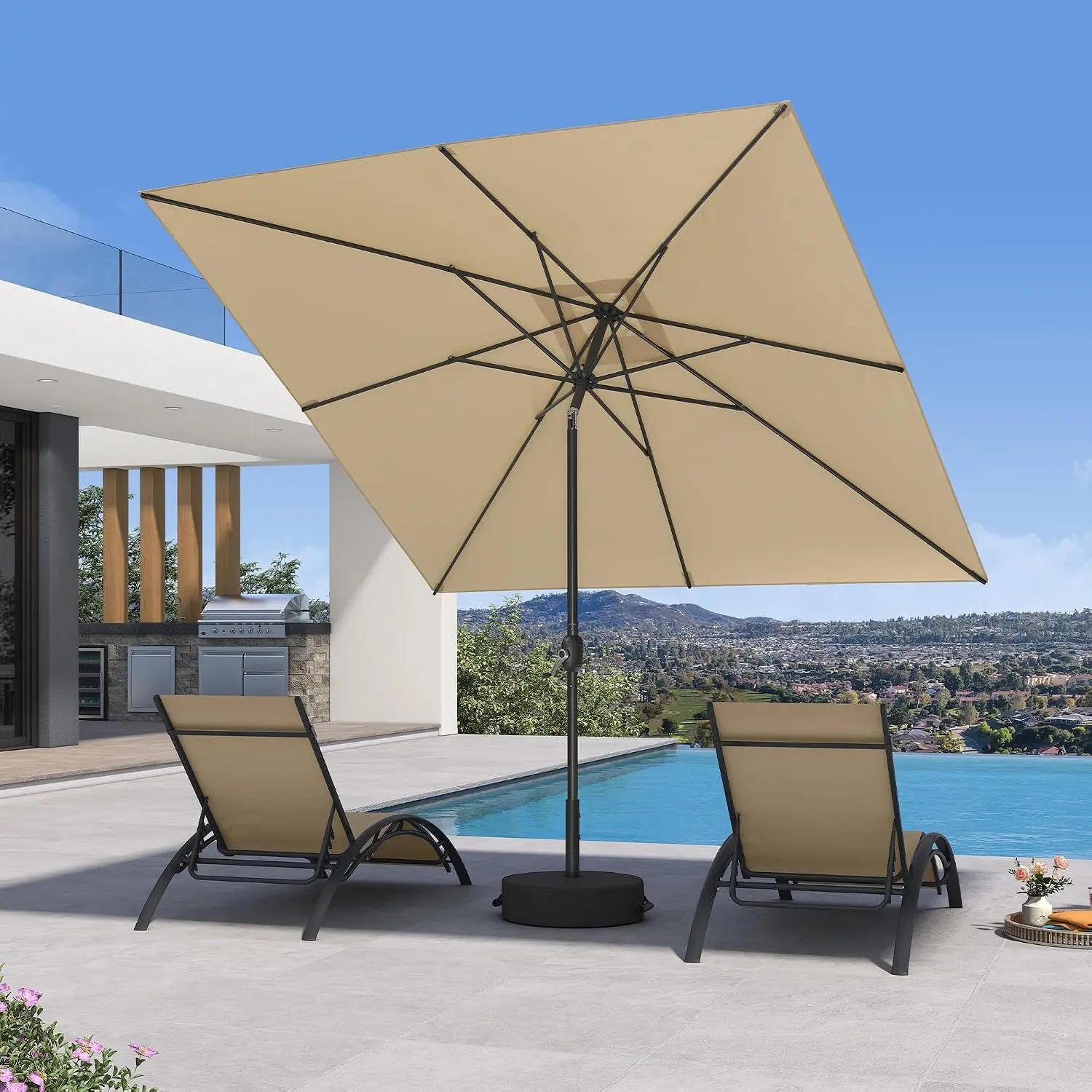 Patio Market Umbrella 8' x 8' with Base Aluminum Crank, Beige | 180 GSM, Color Lasts, UV Protection, Dual-Angle, Customized