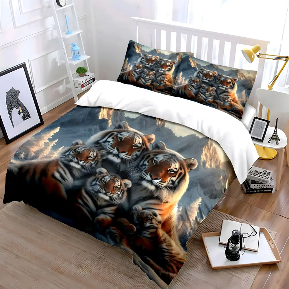 Tiger family with snowy mountain Bedding Set for Kids Luxury Gift 3pcs Digital Print Comforter Set Soft Comfortable Breathable