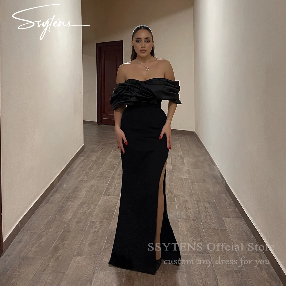 SSYTENS Satin noir robes de soirée plis robes de bal longue robe de soirée d'invité de mariage pour les femmes d'invité robe de soirée personnalisée