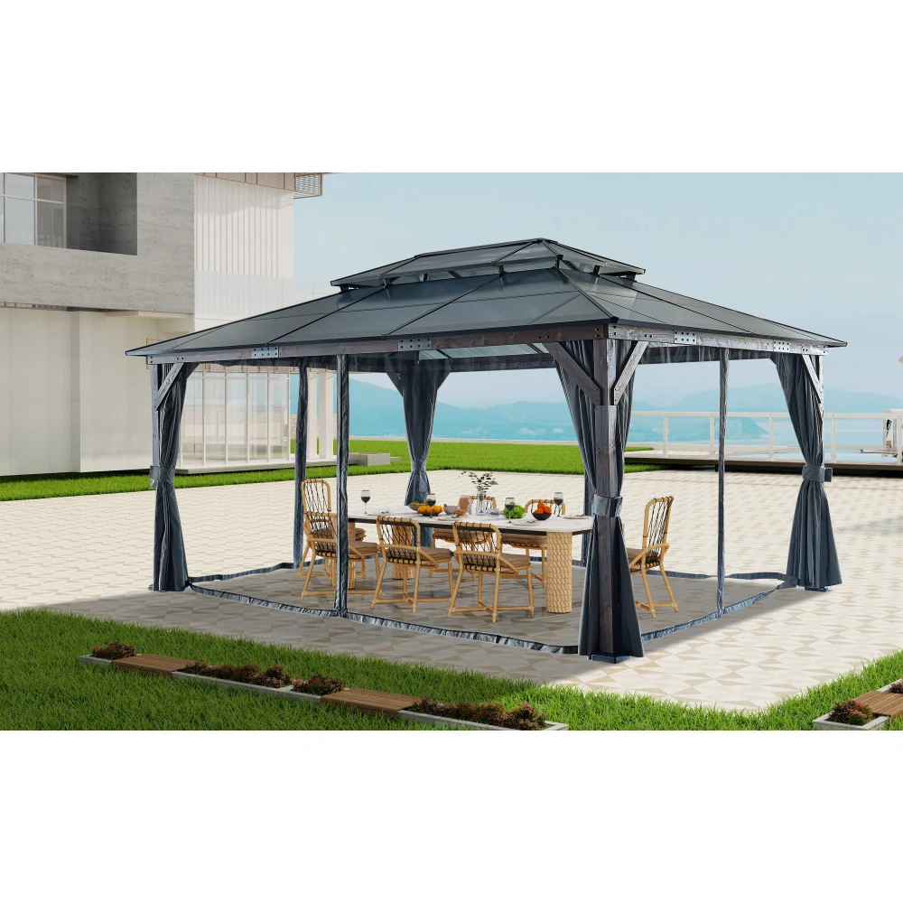 Hardtop Wood Gazebo for Patios, Wood Framed with Polycarbonate Double Roof Canopy, with Privacy Curtains and Mosquito Nettings