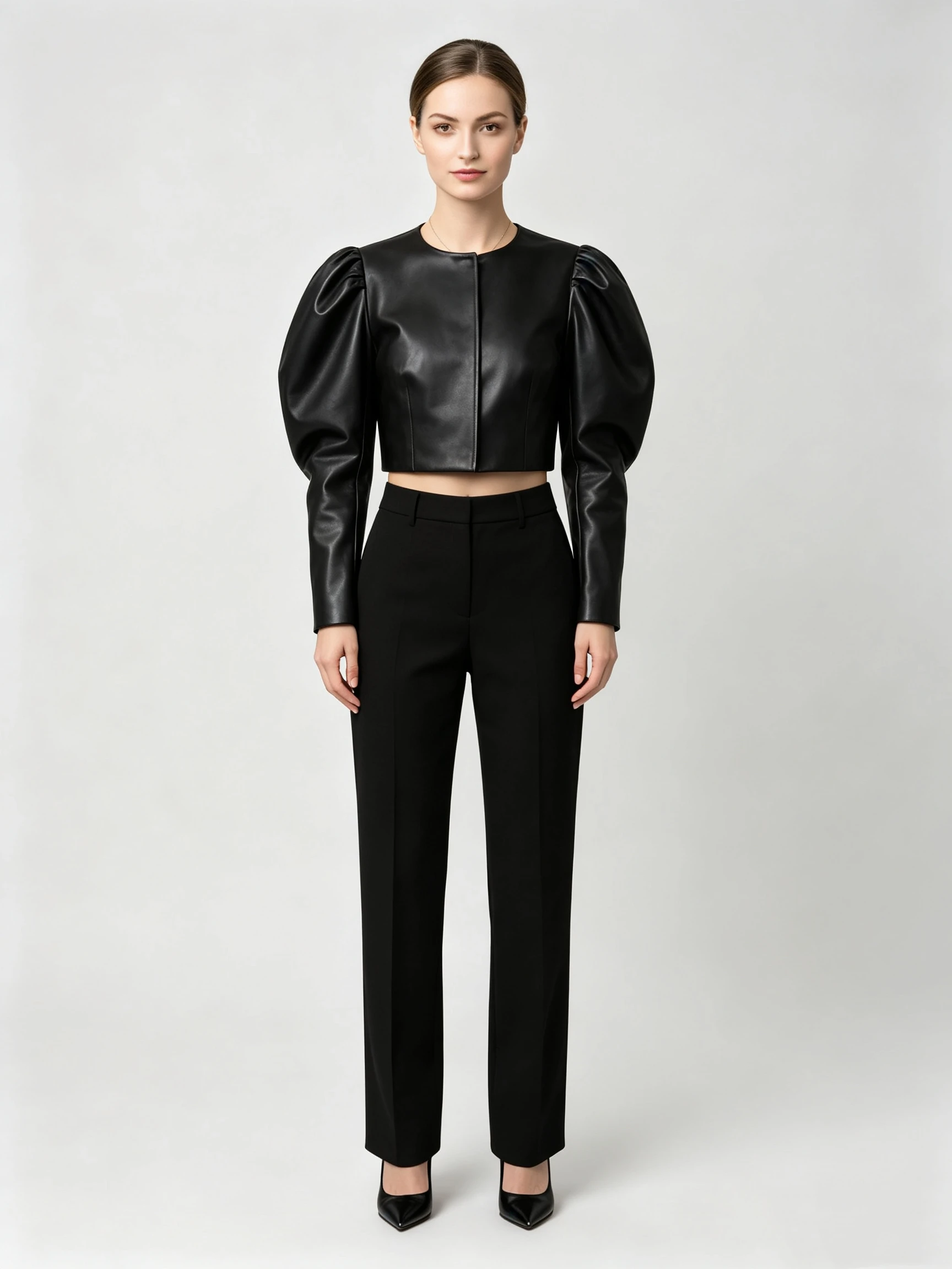 Women's Faux Leather Cropped Jacket with Puff Sleeves and Round Neck