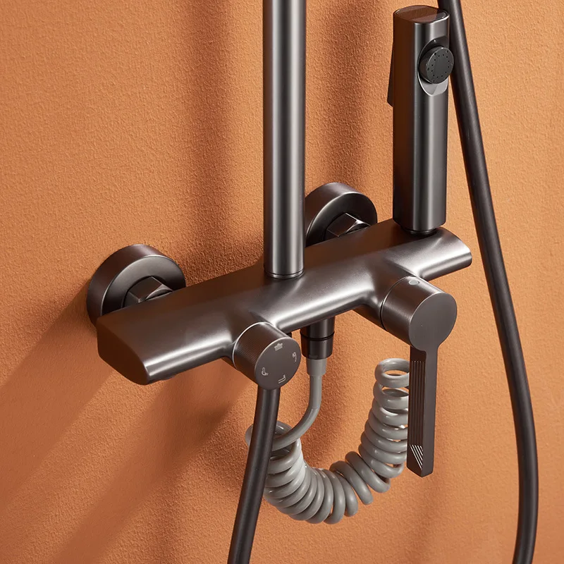 Gun Ash Shower Shower Set, Bathroom Full Copper Flower Drying Bathroom, Constant Temperature Bath, Rain Nozzle, Bathroom Househo