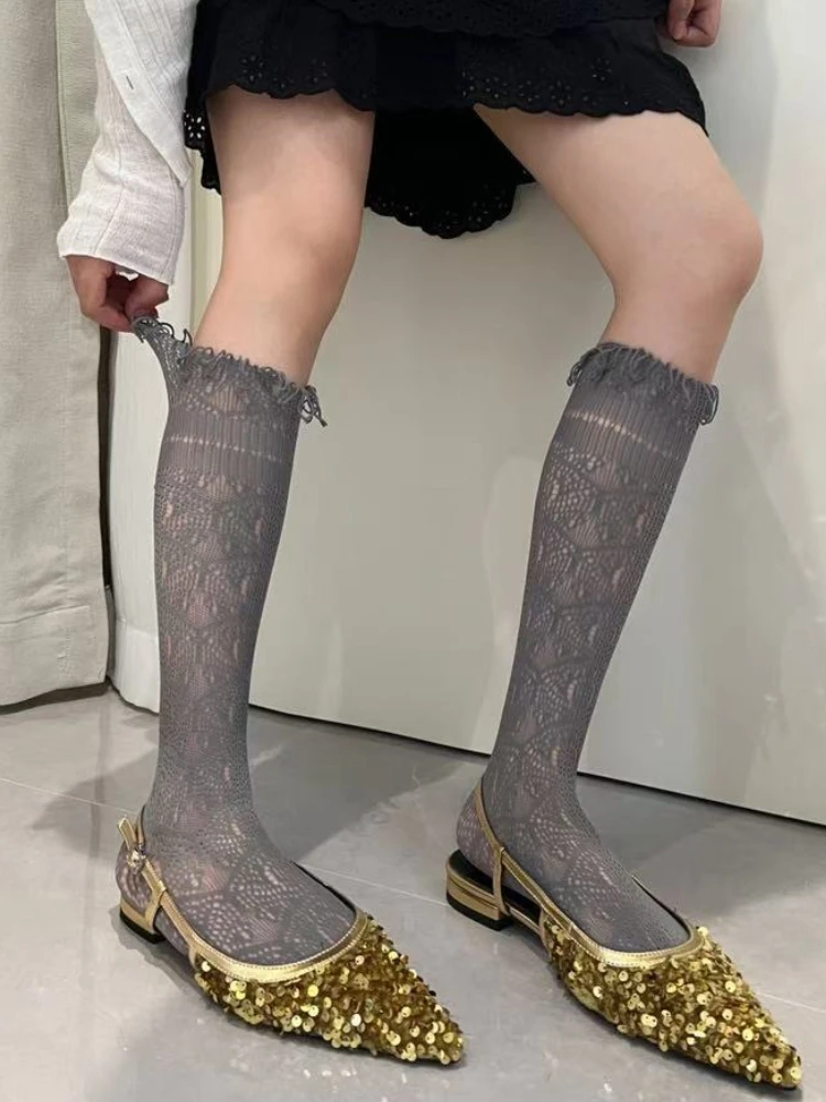Y2K Subculture Hottie Sexy Fringed Trim Lace Hollowed-out JK Calf Socks Fishnet stockings Female Mesh Breathable Knee-high Socks