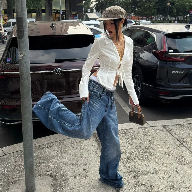 

2025 Women Vintage Solid Color V Neck Long Sleeve Blouse Elegant Slim Fit Casual Streetwear Tie Front Shirt Top