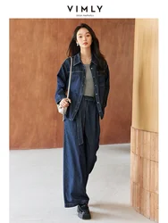 VIMLY Women's Office Lady Denim Pants Set Autumn Lapel Jacket Coat+ Casual Wide Leg Pants WithBelt Simple Loose StreetwearSuits