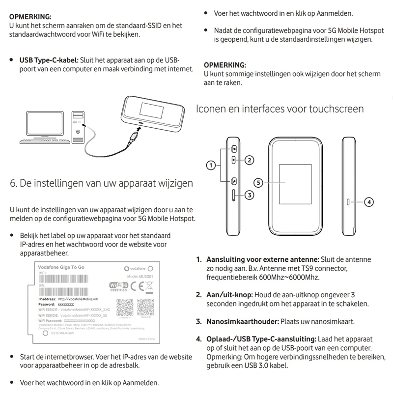 Imagem -05 - Vodafone-roteador sem Fio com Slot para Cartão Sim Mu5001 5g Lte Repetidor de Desbloqueio Portátil Bolso Hotspot ao ar Livre Bateria 4500mah