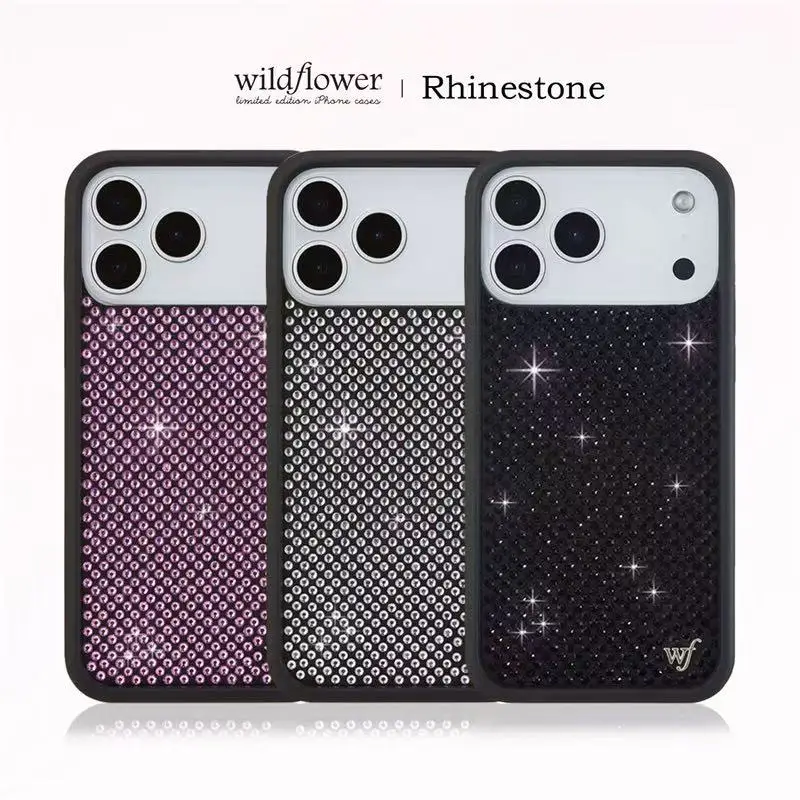 Wildflower INS 3D Pink Schwarz Weiß Diamant Funkelnde Handyhülle für iPhone 17 16 15 14 13 Pro Max Strass Glitzer Cover ﻿