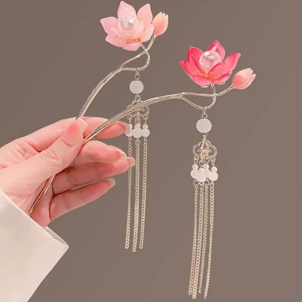 Alloy Lantern Hairpin Flower Luminescent Lotus Tassel Hair Stick Hair Chopstick Hair Sticks for Buns LED Light Hair Fork