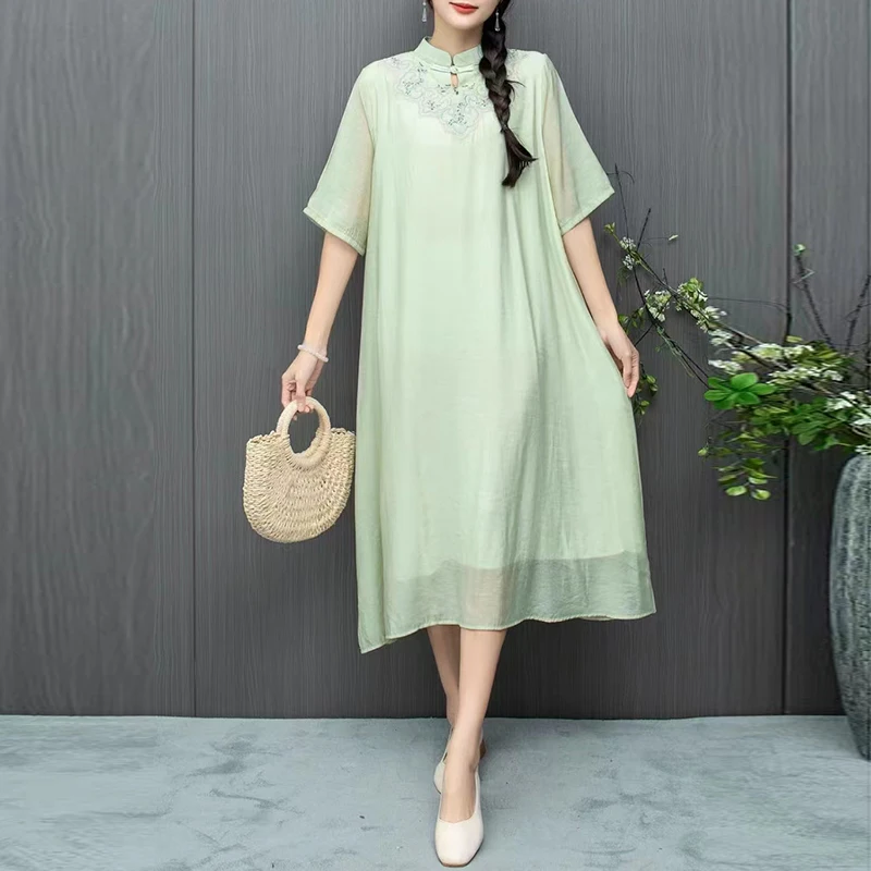 New Chinese Style Stand Collar Cotton Linen Printed Dress 2024 Summer Oversized Casual Loose Short Sleeved Long Dress X1117