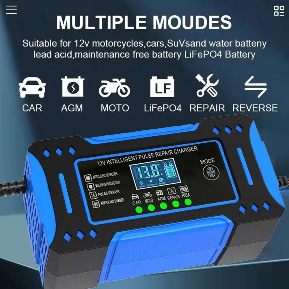 Carregador de bateria de carro 12v 6a, reparo de pulso automático inteligente, display lcd, carga rápida, carregador de bateria de chumbo-ácido para motocicleta automática