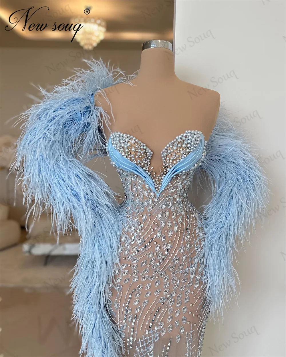 Abendkleider Blue Beading Evening Dresses Off Shoulder Feathers Celebrity Dress For Party Coutures Arabic Cocktail Gowns Robes