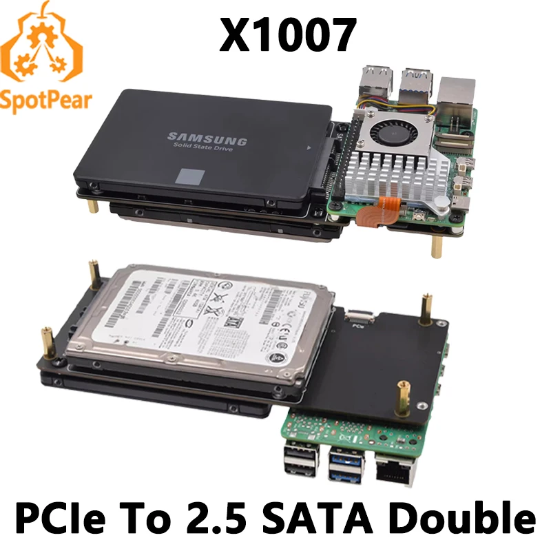 

X1007 Raspberry Pi 5 PCIe to Dual 2.5" SATA HDD/SSD Double-SATA (NOT BOOT From SATA/SSD