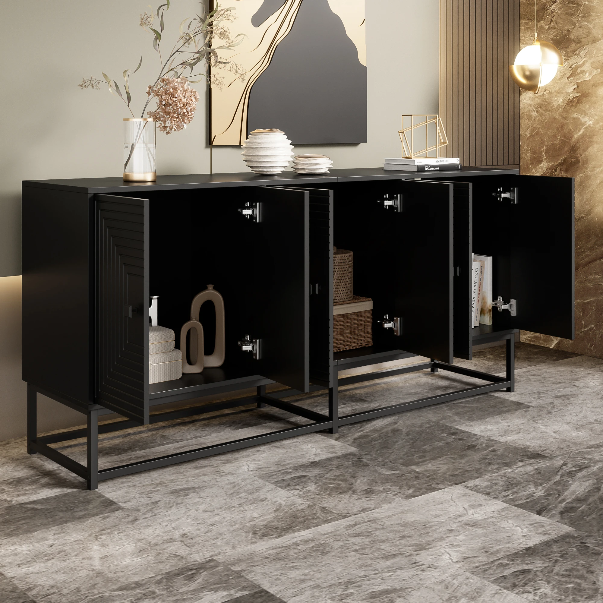 Armoire de rangement noire moderne avec 3 portes doubles, grand espace de rangement et finition mate, élégante armoire de rangement pour le salon