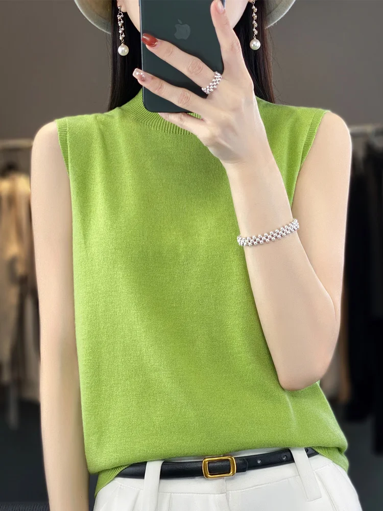 Fashion sleeveless 100% merino wool sweater basic half-neck cashmere women\'s knitted top pullover sweater top T-shirt