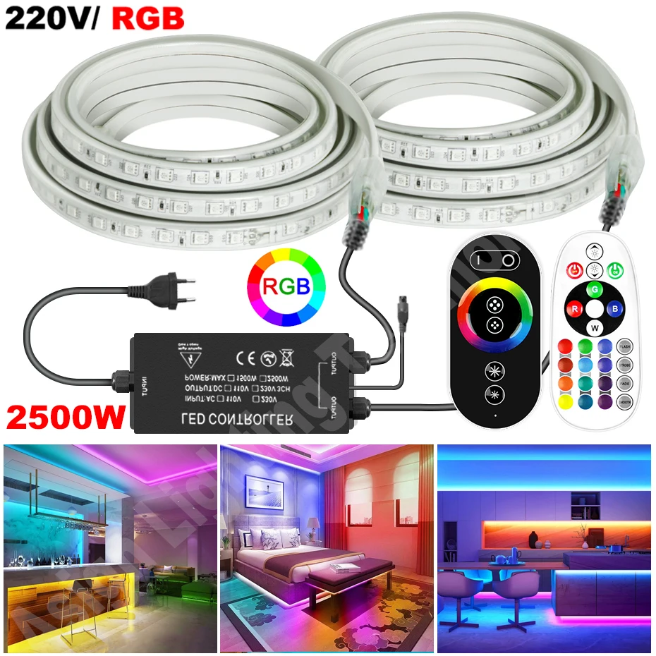 Светодиодная лента 220 В, 1 м-100 м, RGB 5050, гибкая лента для улицы, IP67, водонепроницаемая светодиодная лента, 2500 Вт, RF Touch/ИК-пульт дистанционного управления