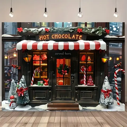 1pc Retro Christmas Candy store background - Festive winter scene, snow-covered trees and warm lights, polyester