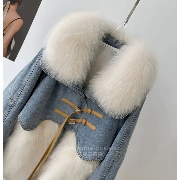 2024 winter fur collar Down inner jeans Parkas women fashion short denim splice imitation fox fur coat female loose Outwear R370