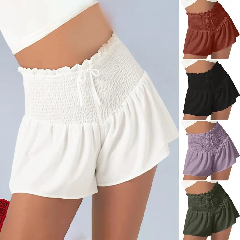 

Women Shorts Shirring Lace-up Strap Bow High Elastic Waist Pure Color A-line Pleated Side Loose Club Party Dating Mini Shorts