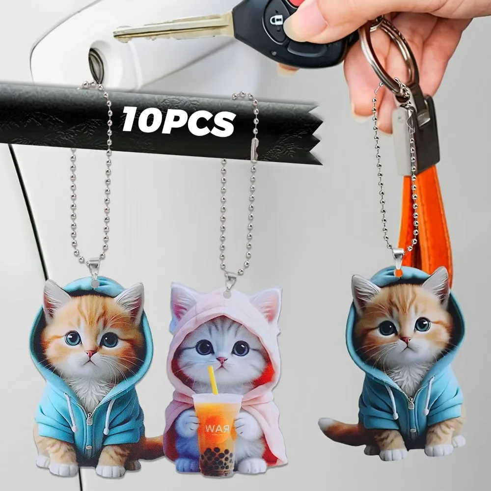 Acrylic Pink Hoodie Kitten Pendants Car Rearview Mirror Hanging Simulated Cute Cat Pendant 2D Flat Acrylic Key Backpack Pendant