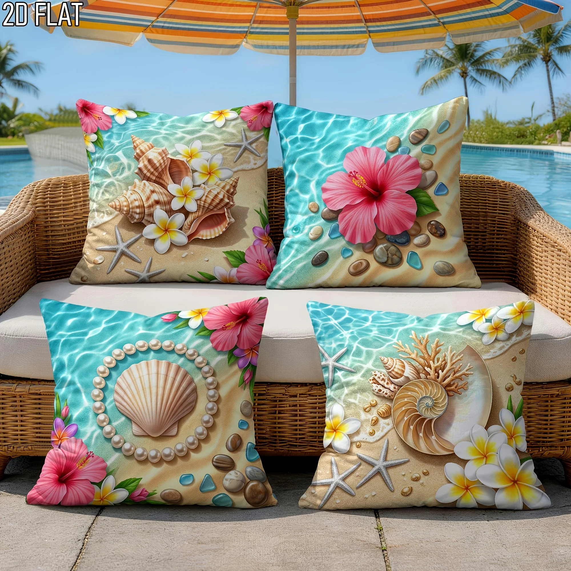 Set of 4 Tropical Beach Printed Pillow Covers for Home Decor Ocean Seashell Floral Print Cushion Cushion Polyester Nautical Summ