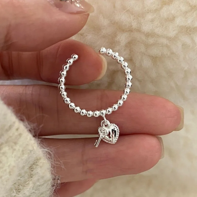 Foxanry Silver Color Love Heart Key Pendant Rings For Women Girls Creative Trendy Simple Sweet Elegant Anniversary Jewelry Gifts