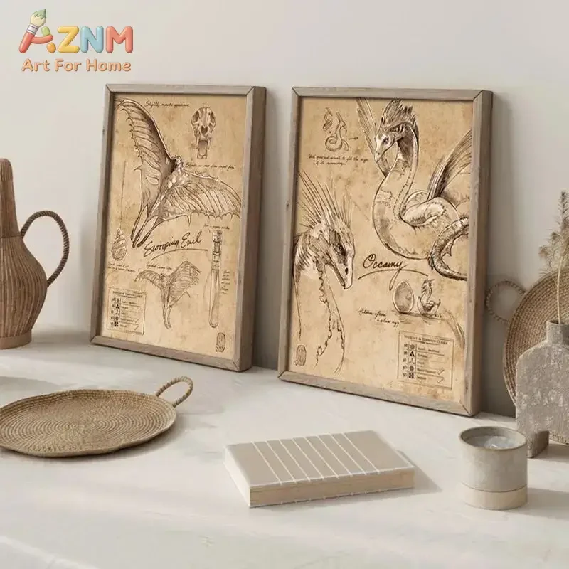 AZNM Vintage Fantastic Beasts Sketch Canvas Wall Art, Antique Parchment Magical Creature Drawing Print, Wizard World Retro Poste