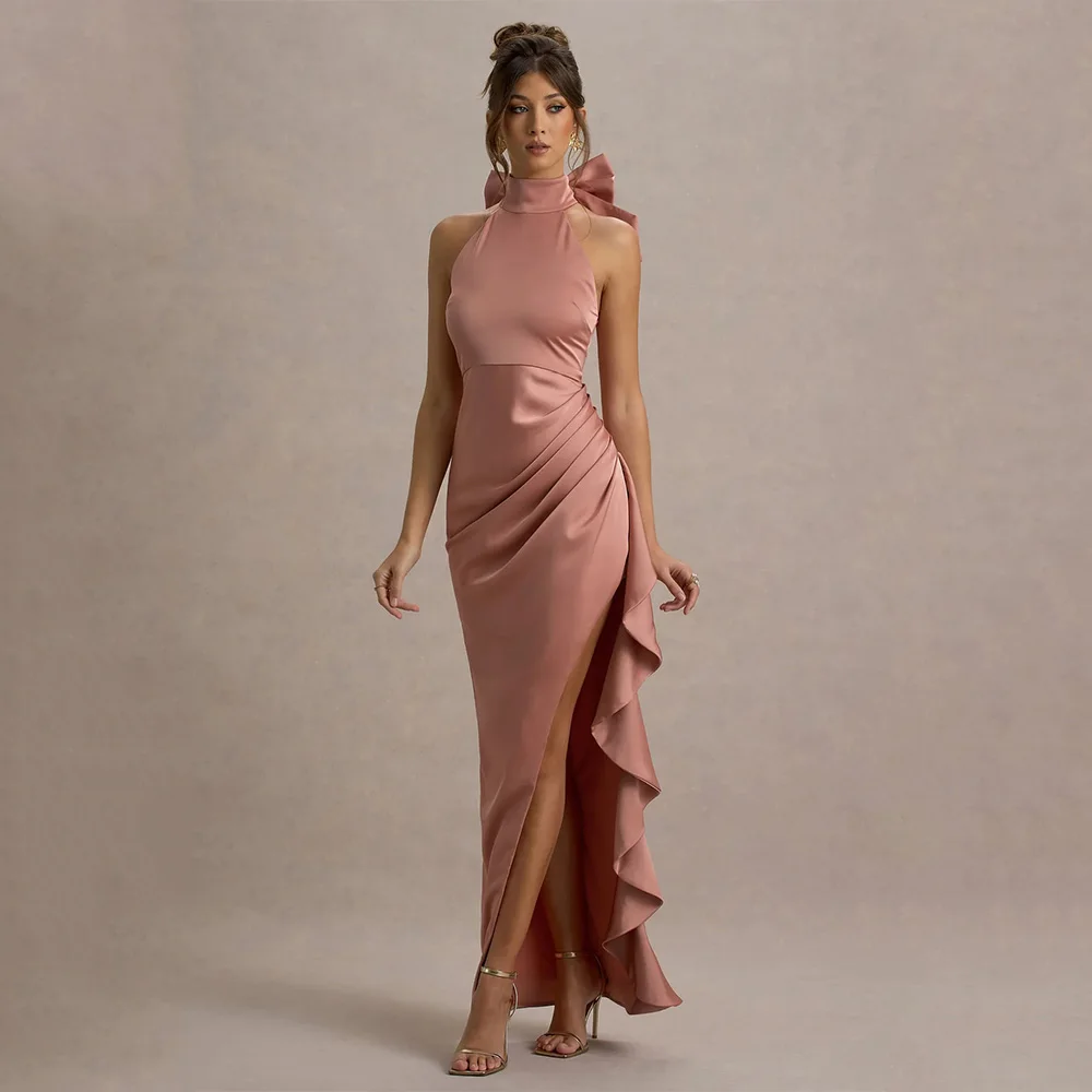 

DRESS FORU Exquisite Pink Evening Dress Taffeta for Ankle-Length Choker Prom Party Asymmetrical Vestidos De Fiesta Customized