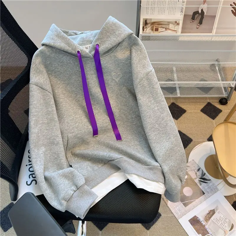 Spring And Autumn New Embroidery Hooded Fake Two Piece Pullover Top Women's Design Feel Loose Fit Combination Sportswear