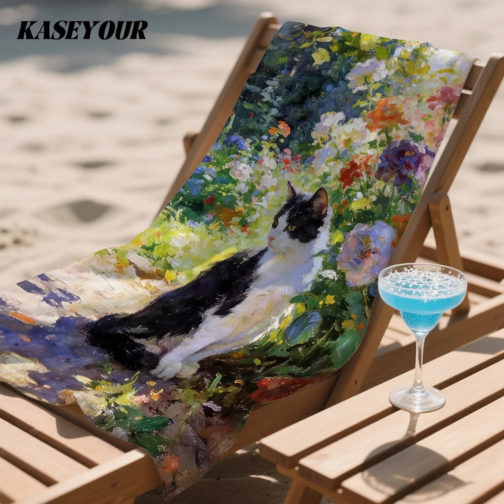 Impressionist Garden Cat Compact Travel Beach Towel Super Absorbent Sand Resistant, Microfiber for Swimming Camping Yoga