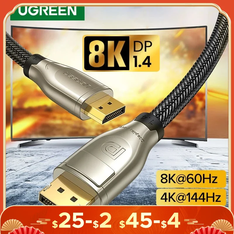 UGREEN 8K DisplayPort 1.4 Cable Ultra HD 8K@60Hz 4K@144Hz 32.4Gbps HDP HDCP for HDTV Monitor Audio Video Cable adapter Converter