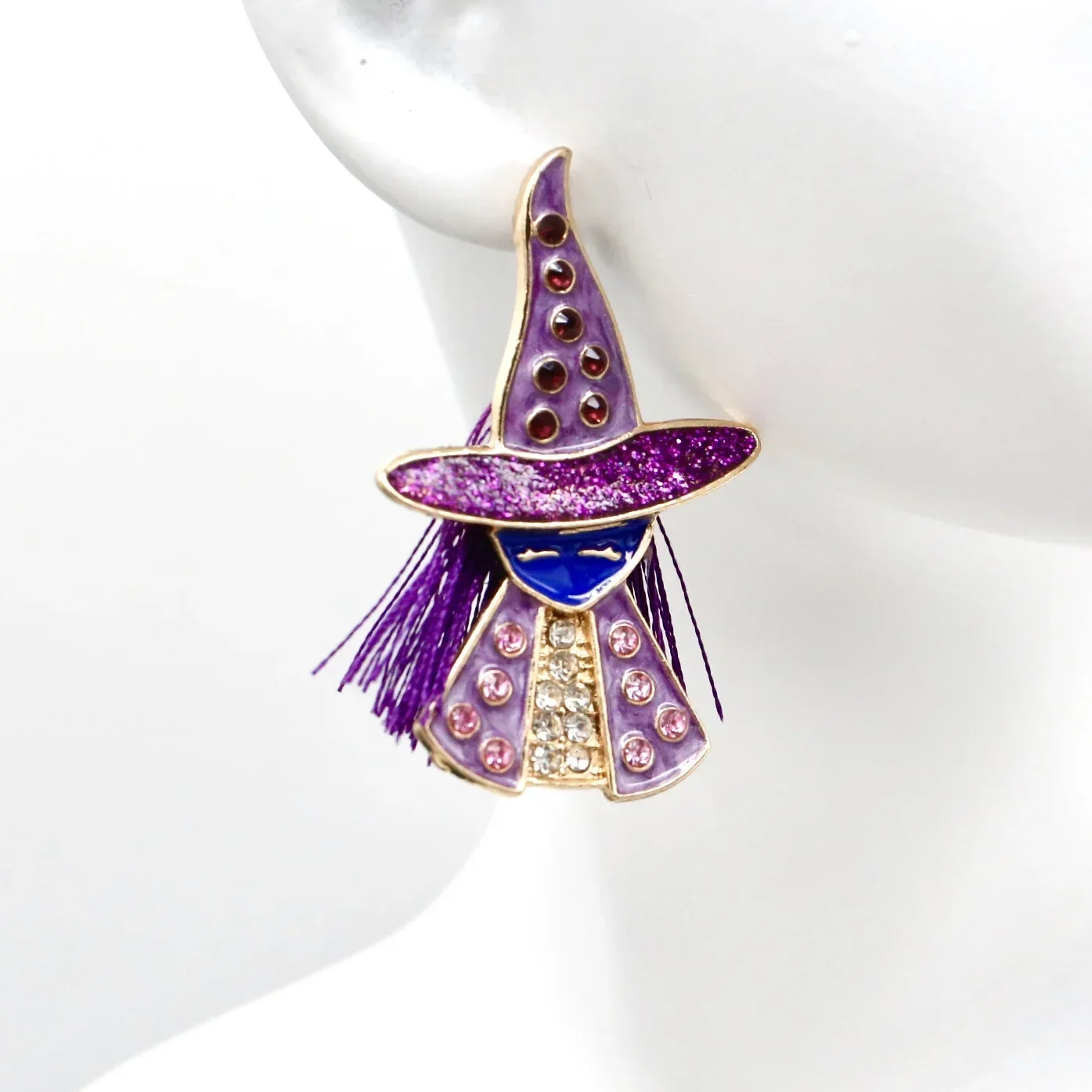 Creative cartoon funny magician wizard purple color tassel personalized earrings Drip Glue Bright Powder Earrings