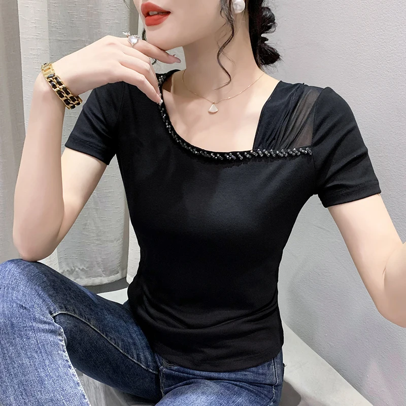 2023 New Summer European Clothes Cotton T-Shirt Women Chic Sexy Skew Collar Patchwork Shiny Beading Tops Short Sleeve Tees 35128