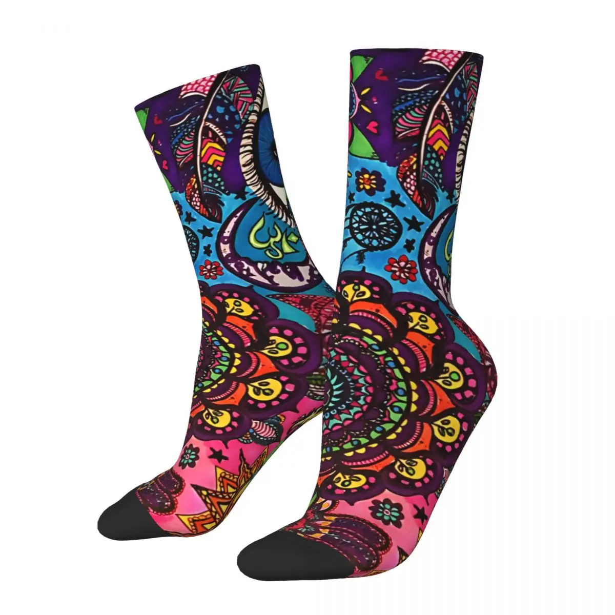 1 Pair Funny Happy Hippy Vibes Sticker Men's Socks Retro Harajuku Street Style Novelty Casual Crew Crazy Sock Gift Printed