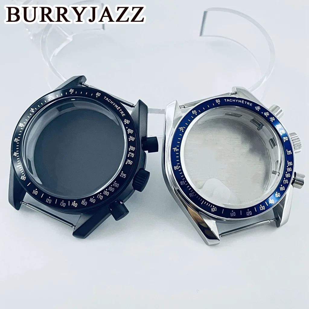 BURRYJAZZ 40mm VK63 VK63A Caja de reloj con movimiento de cuarzo Caja estéril plateada y negra Espejo de burbujas acrílico