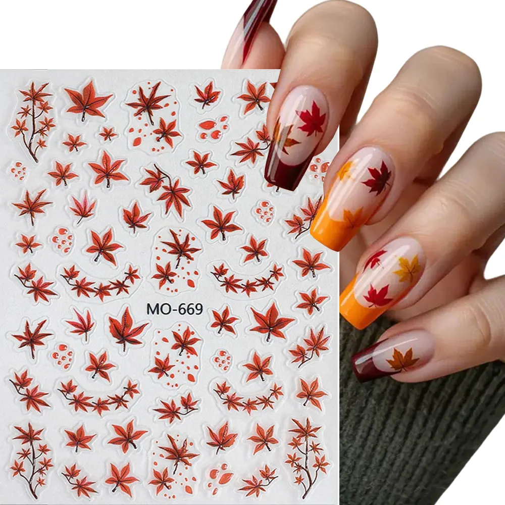 1pcs 3D Autumn Red Maple Leaf Nail Art Decals Exquisite Maple Leaves Nail Stickers Self-Adhesive 8*10cm Maple Nail Supplies #8r