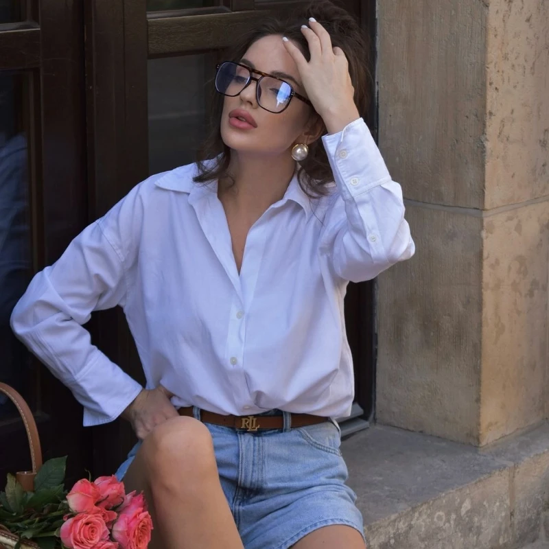 

Fashion Cotton Oxford Shirt Women White Long Sleeve Single-breasted Shirts Streetwear 2025 New Summer Solid Oversized Blouse Top