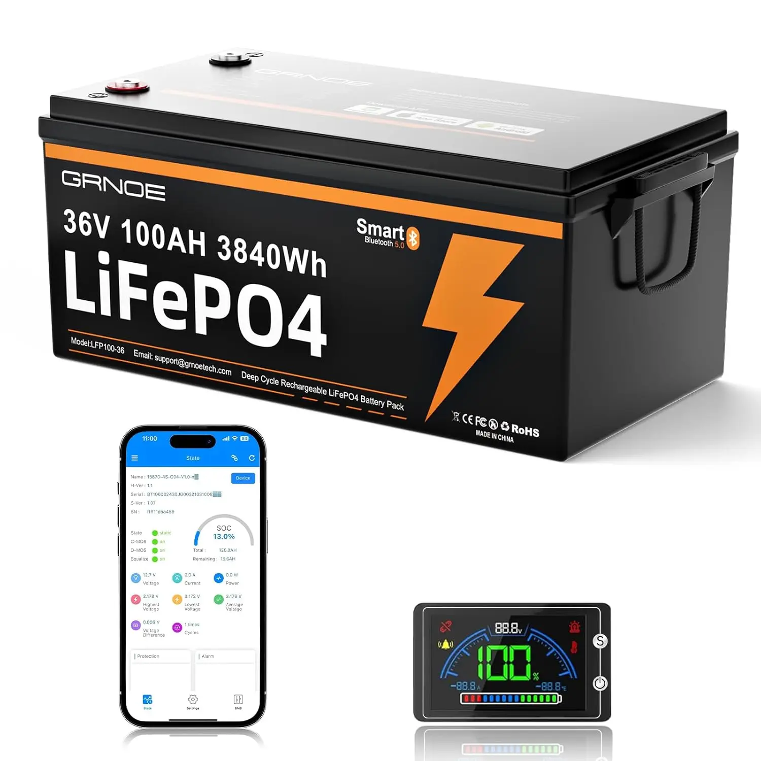 

36V 100AH LifePO4 Lithium Battery,Rechargeable Lifepo4 Batteries with 100A BMS, Bluetooth Mobile APP& LCD, Customized