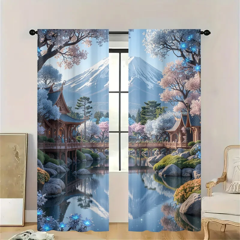 Premium Japanese Sakura Cherry Blossom Window Curtain Mount Fuji Spring Aesthetic Nature Decor Drapes for Living Room Home Style