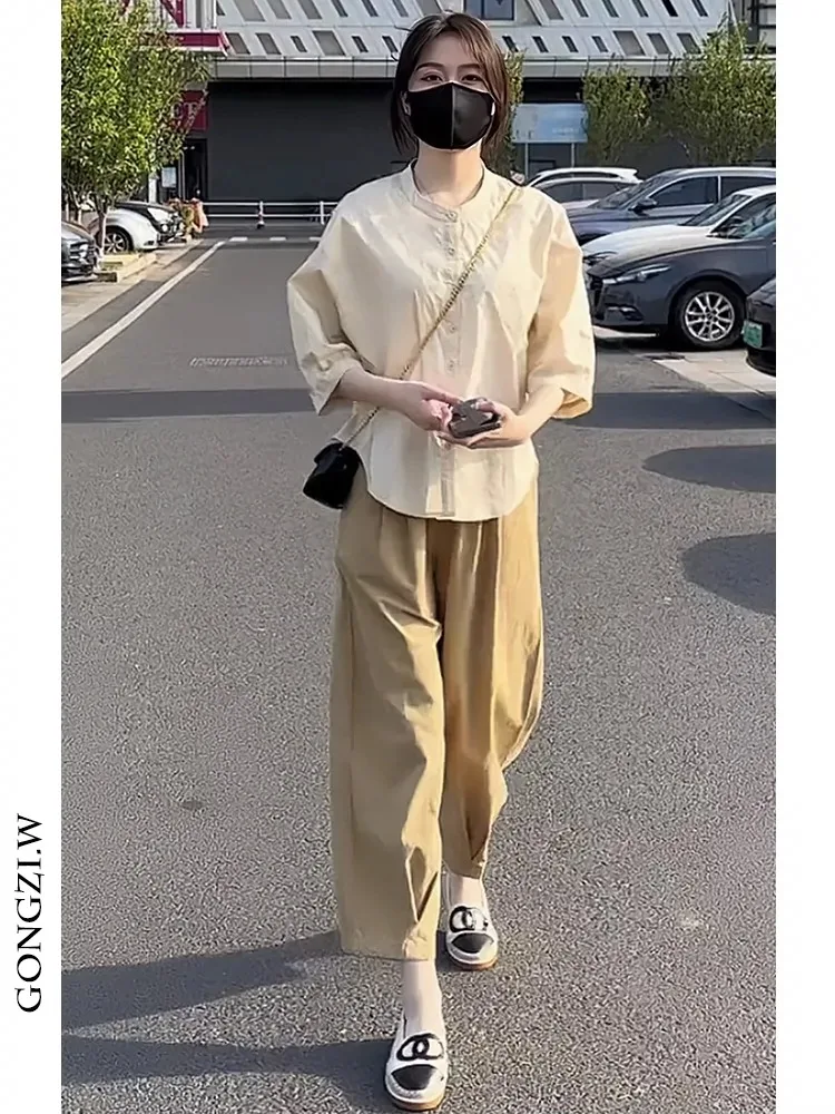 

Elegant Women's Fashion Set round Neck Loose Fit High Waist Wide Leg Pants Casual Shirt Two Piece Suit Polyester Short Sleeve