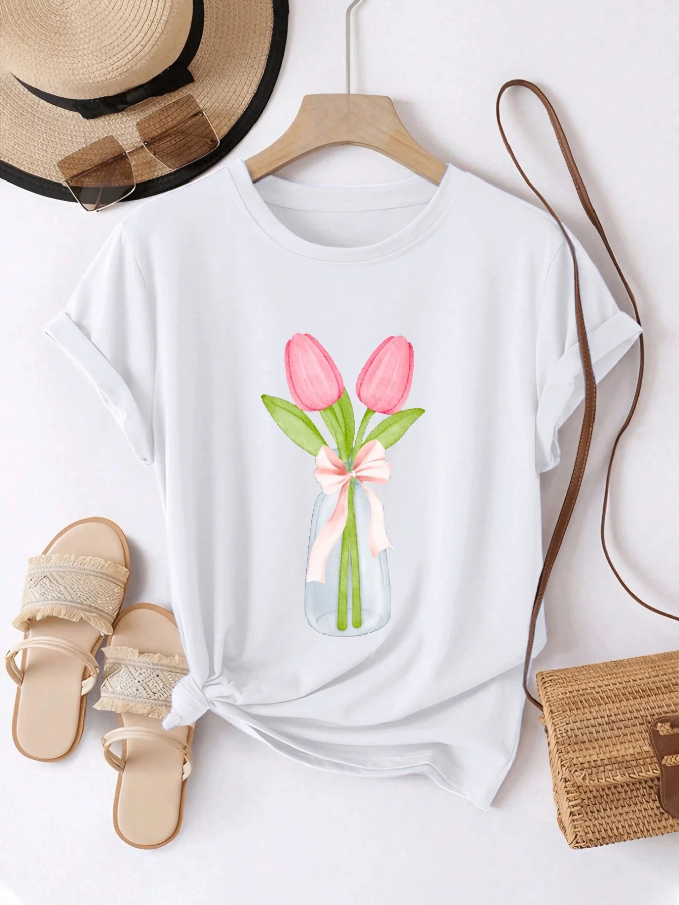Women's Pink Tulip Print T-Shirt Sleeve Crew Neck Blouse Suitable for Spring Summer Casual Blouse Elegant Bouquet for Daily Wear