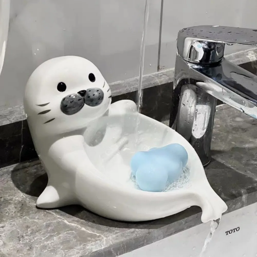 

Cute Sea Lion Soap Dish Drainable Soap Box Self Draining Soap Holder Ceramic Soap Container Bathroom Decor Organizer Household