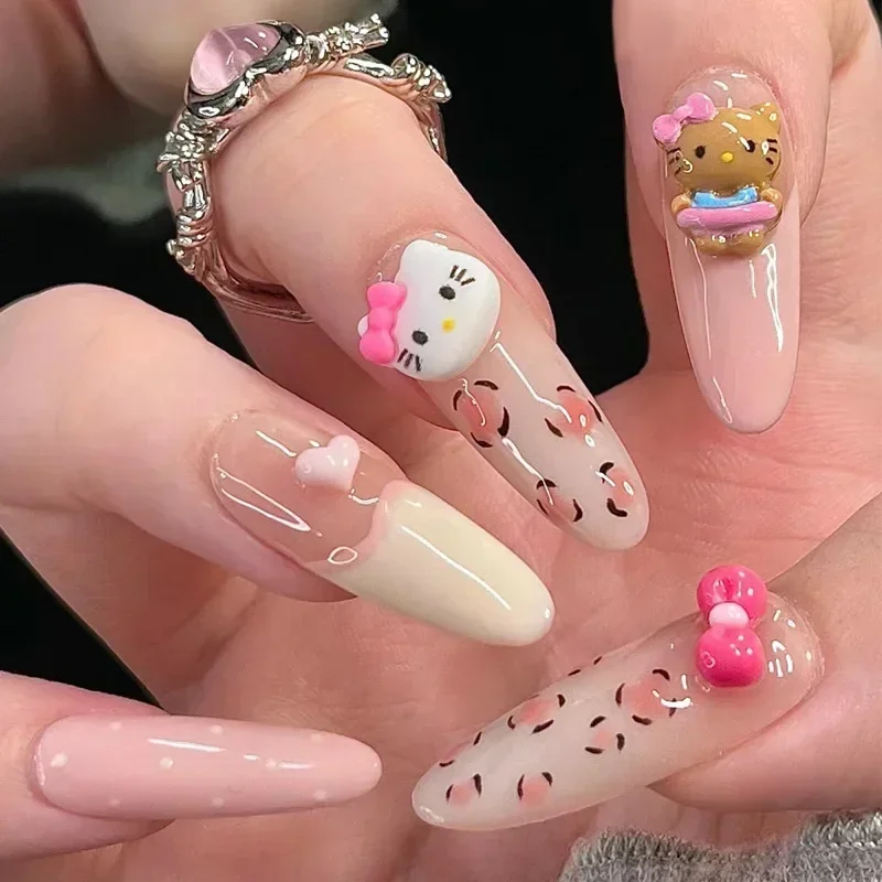 10Pcs Handmade Press on Nail Almond Pink Cute Fake Nails with Hellokitty and Bow Charm Sweet Manicure Nail Arts for Women