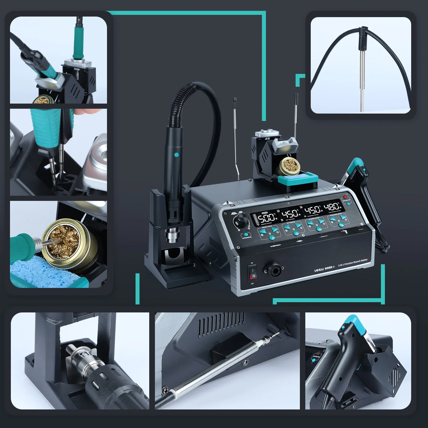 

YIHUA 5-IN-1 1410W Soldering Staion C245 C210 Precision Soldering Iron Hot Air Gun Suction Tin Gun Welding Tools 948D-IV