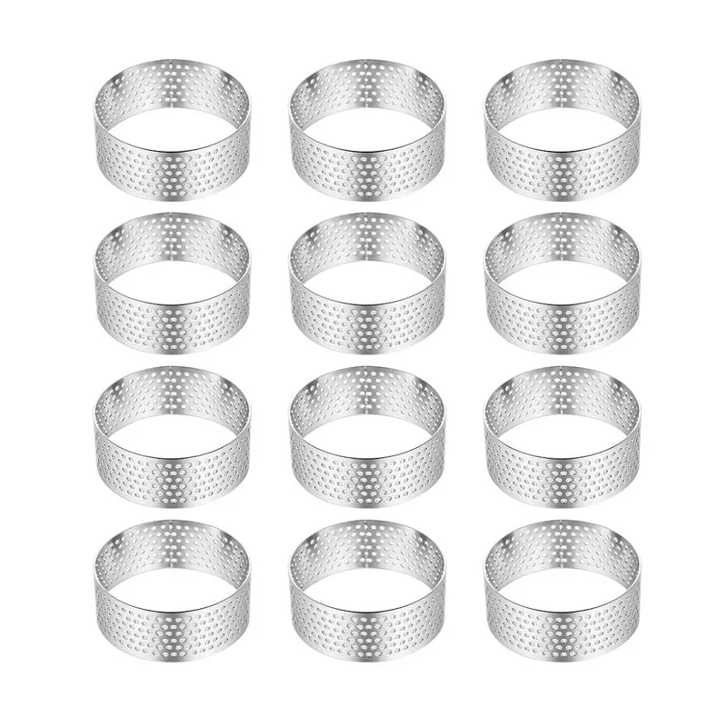 Juego de 12 moldes redondos perforados de acero inoxidable para tartas, mousses y postres, cortadores de galletas, moldes para tartas de frutas