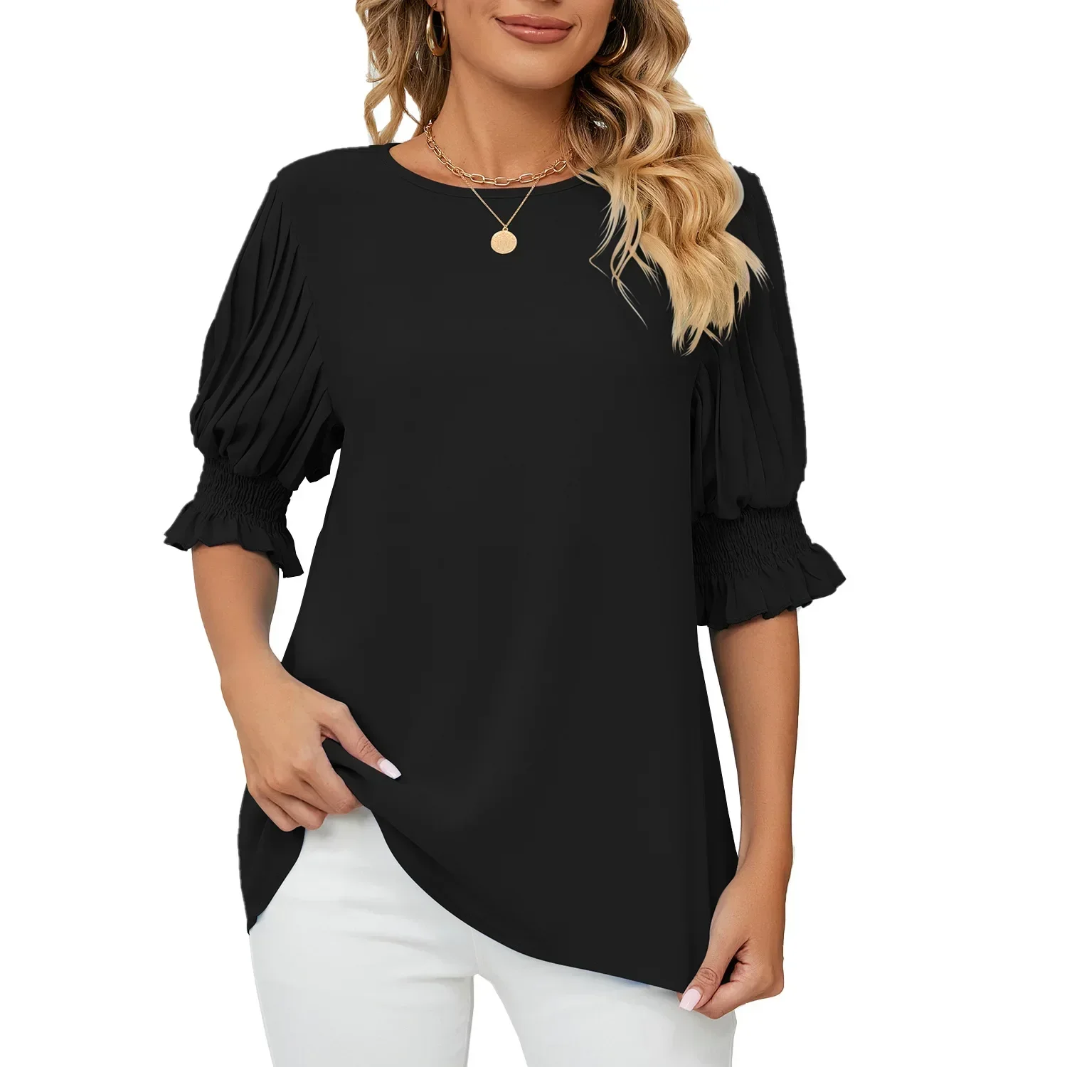 2023 New Women Blouses and Tops Fashion O Neck Half Sleeve Loose Elegant Office Work Lady Shirts Blouses  Womens Tops