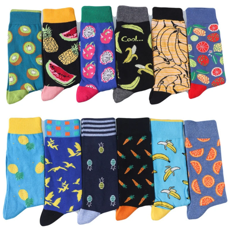 Meias de algodão casuais masculinas, frutas, pimentão, banana, pimenta, design engraçado feliz, colorido, skate, feliz, venda quente, moda
