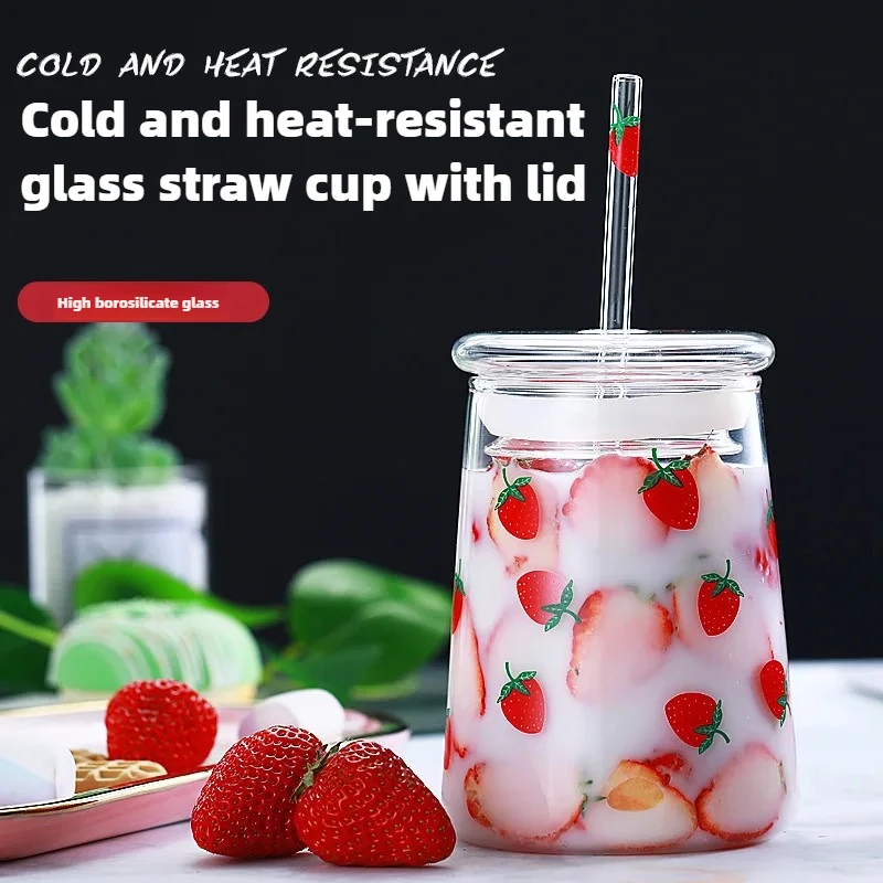 Large Capacity Strawberry Water Bottle with Straw Heat-Resistant Glass Tumbler with Lid Cute Drinkware for Cold Beverages