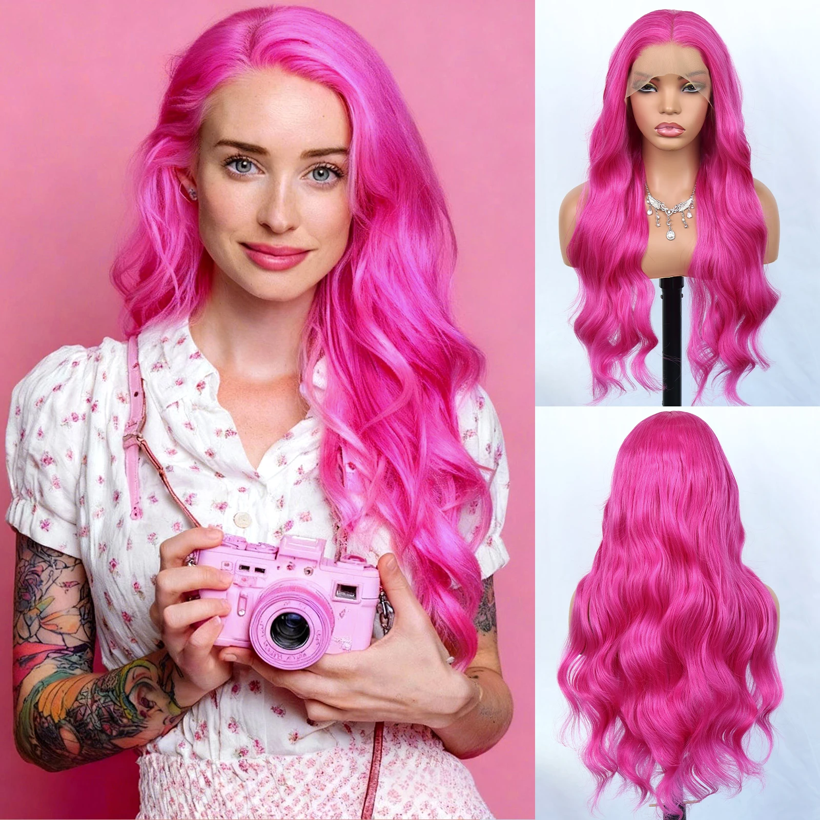 

Синтетический парик Aubree, 28 дюймов, длинный волнистый, с кружевной передней частью 13*4, без клея, ярко-розовый цвет, для женщин, на каждый день, для вечеринок, косплея