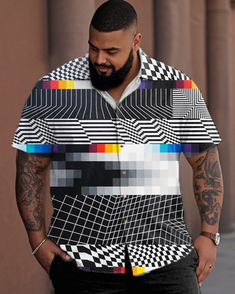 S-9XL قميص وسروال ملون منقوش بأكمام قصيرة للرجال مقاس كبير مكون من قطعتين كاجوال فضفاض مناسب للصيف