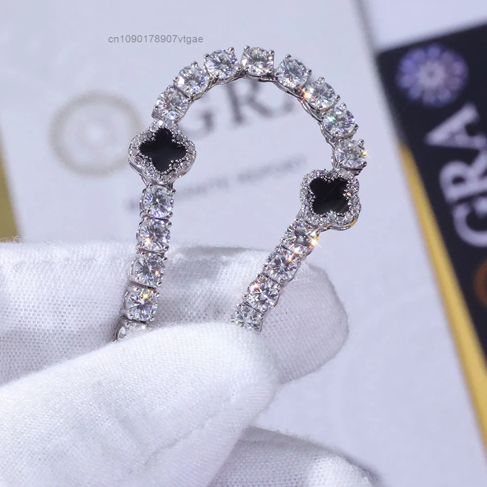 4mm NUOYA Iced Out VVS Moissanite Tennis Chain 925 Silver Necklace Black Four Leaf Clover Hip Hop Jewelry Gift.